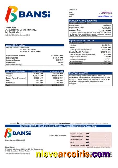 Mexico Banco Bansi mortgage statement Word and PDF template
